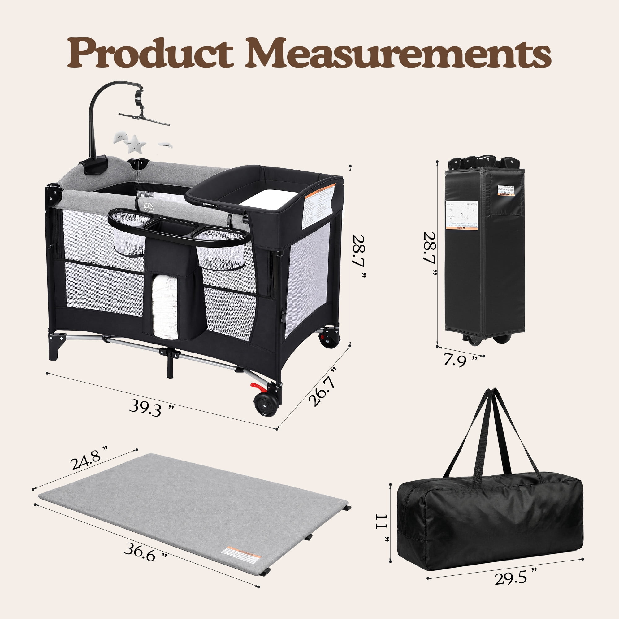 LINLUX Foldable Baby Bedside Crib Bassinet, Infant Pack and Play Playard, Newborn Playpen Changing Table,Gray