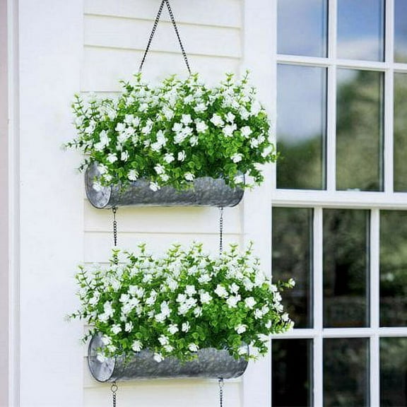 6 Bundles Artificial Flowers Outdoor UV Resistant Flowers No Fade Faux Plastic Plants Garden Porch Window Box Decorating, White