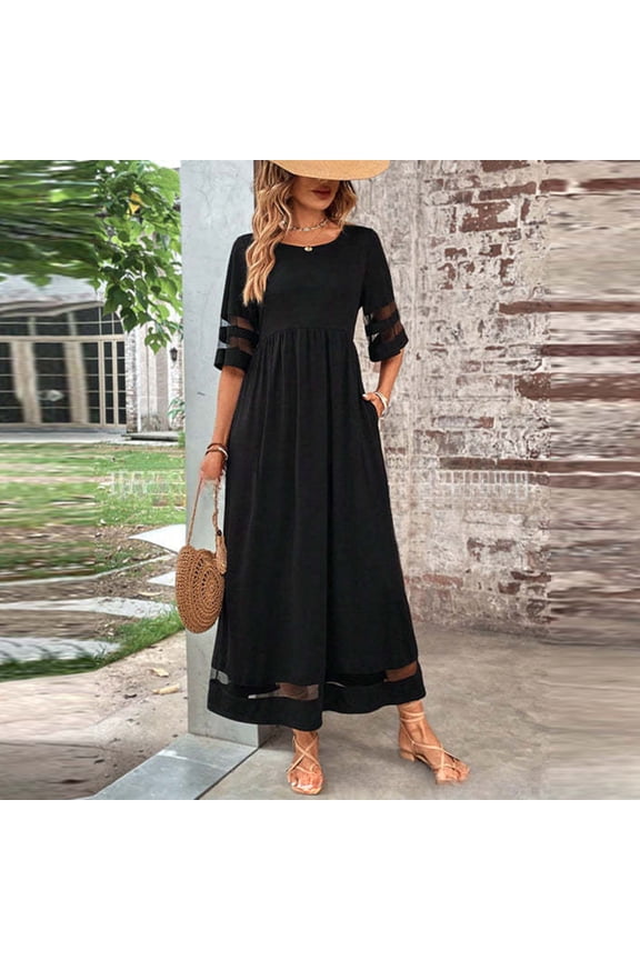 Women Plus Size Round Neck 3/4 Sleeve Sheer Maxi Dress Boho Casual Flowy A-Line Long Beach Dresses for Summer Vacation Outfits, Black L