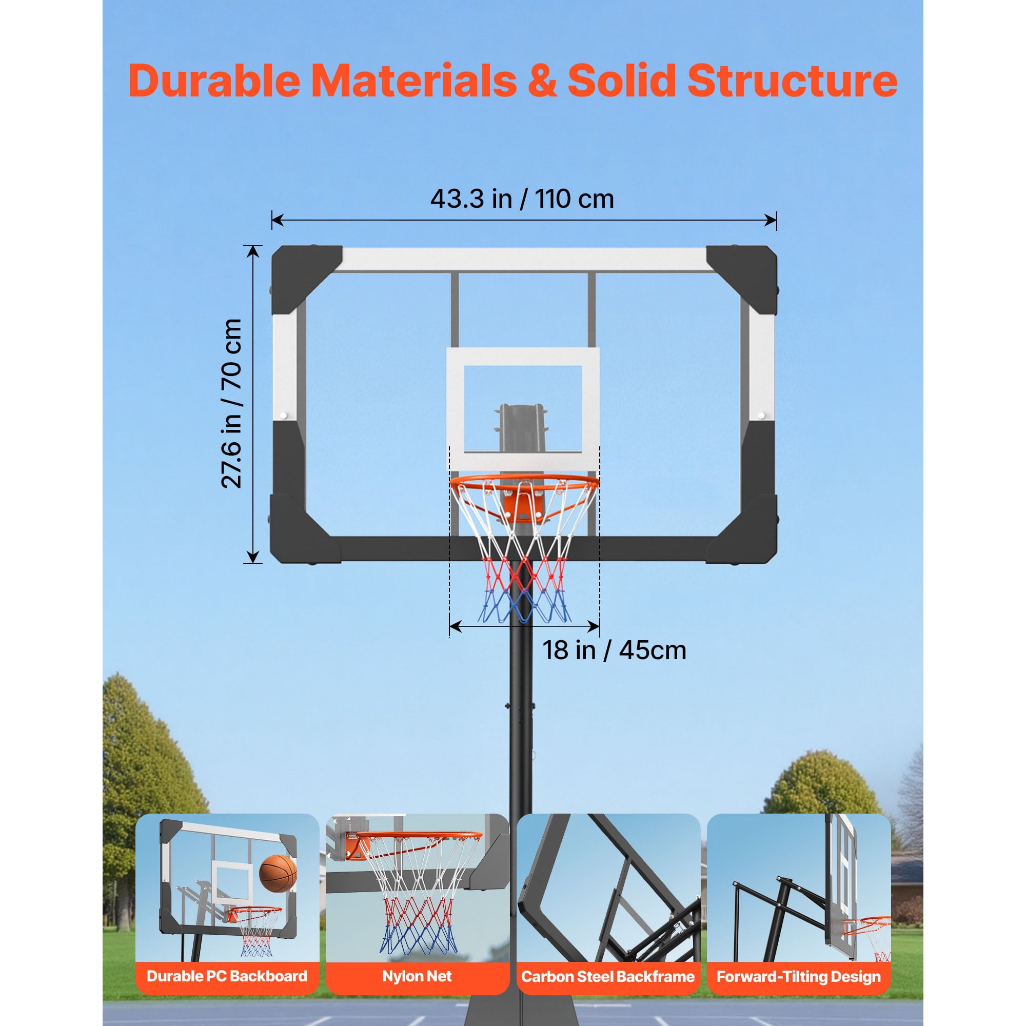 KFFKFF Portable Basketball Hoop with Adjustable Height (8.04 to 10 ft), 44-Inch PC Backboard for Indoor and Outdoor Play, Suitable for Kids and Adults in Schools, Parks, and Home Settings