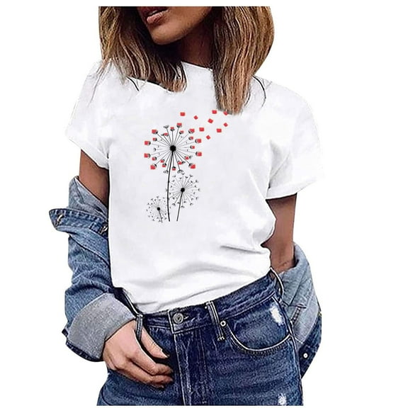 Sakmal Ladies Tops White Short Sleeve Crew Neck Floral T-Shirts Womens Shirts Under $5