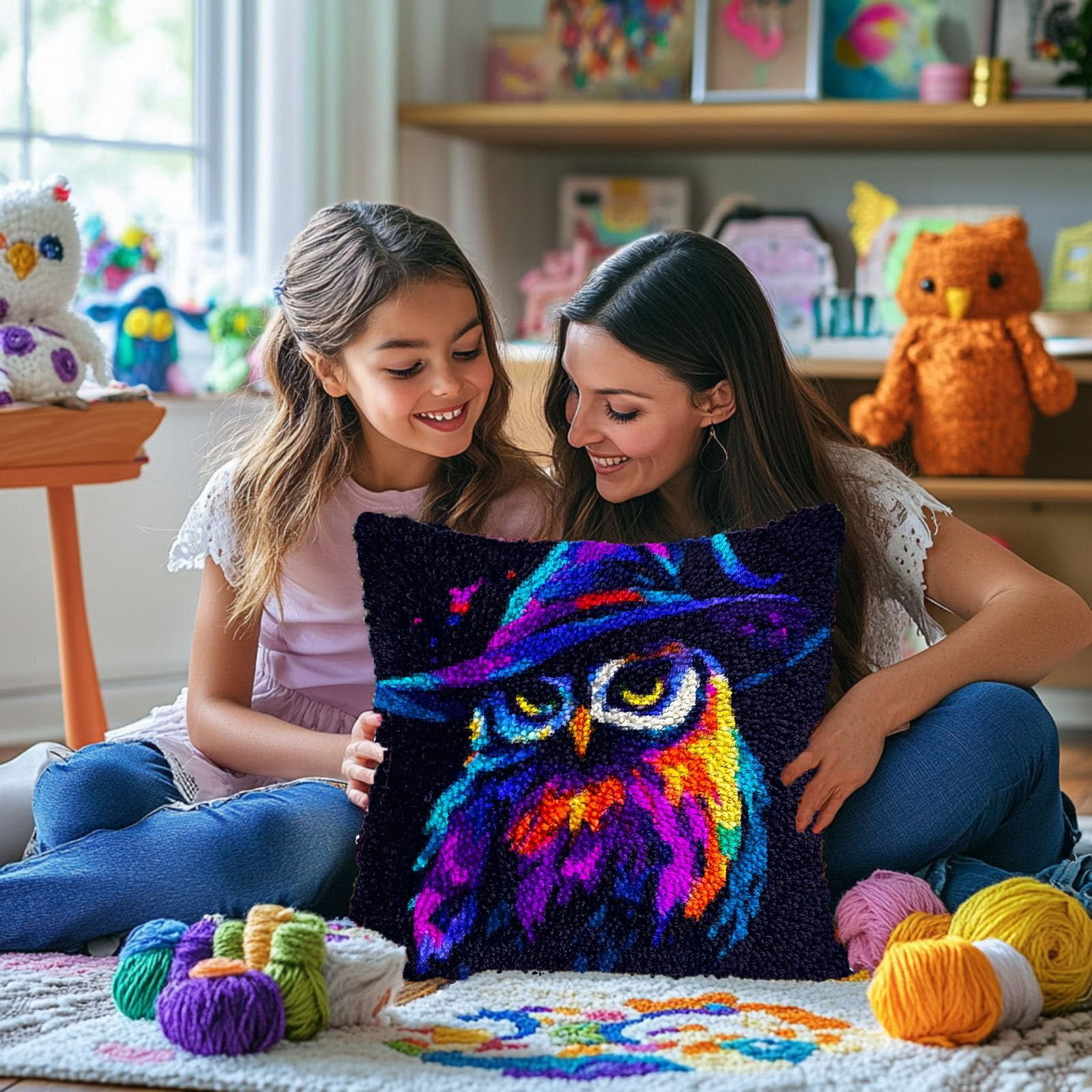 Colored Owl Wear Witch Hat DIY Latch Hook Pillow Kits for Adults Printed Pillowcase Crochet Yarns Hooking Handmade Pillow Cover Cushion for Home Sofa Decoration 17x17inch