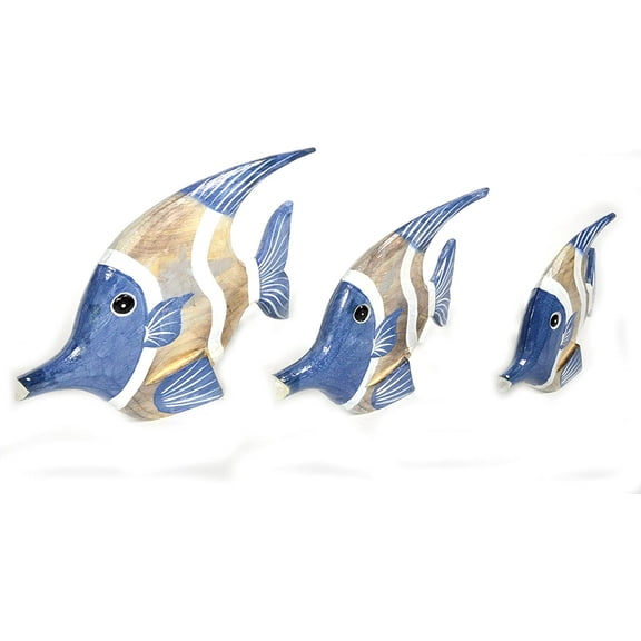 BEAUTIFUL UNIQUE SET OF 3 angel WOODEN FISH HAND CARVED STATUE SCULPTURE ART