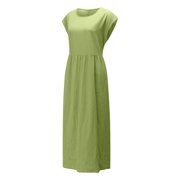 CTEEGC Summer Pockets Dress for Womens Short Sleeve V Neck Casual Dresses Cotton Linen Pleat Knee Length Sundress Midi Dress