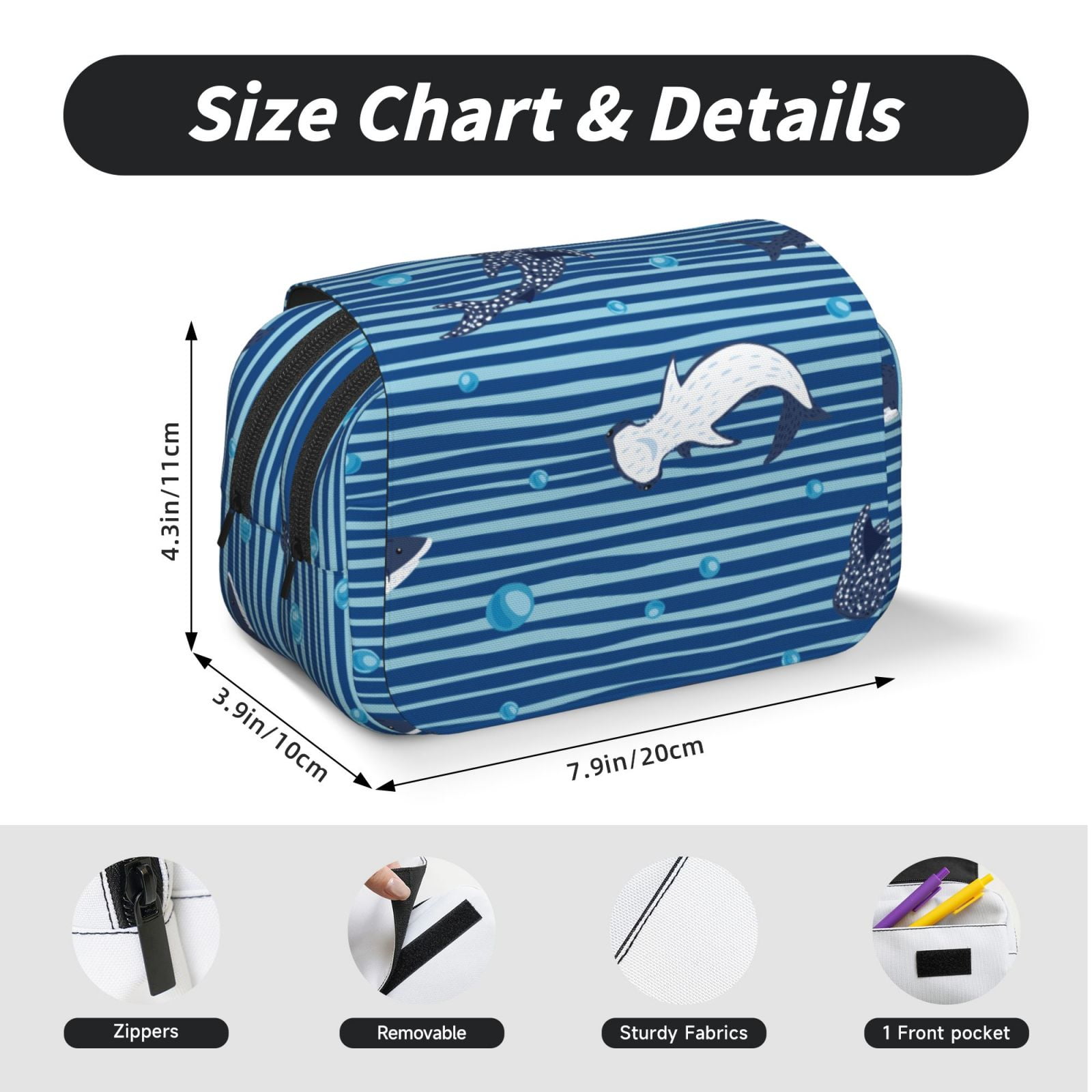Rateoe Sharks on White Blue Striped Pattern Double Clamshell Pen Case, Storage Organizer with Two Zipper Compartments– Holds Up to 50 Pencils & Pens