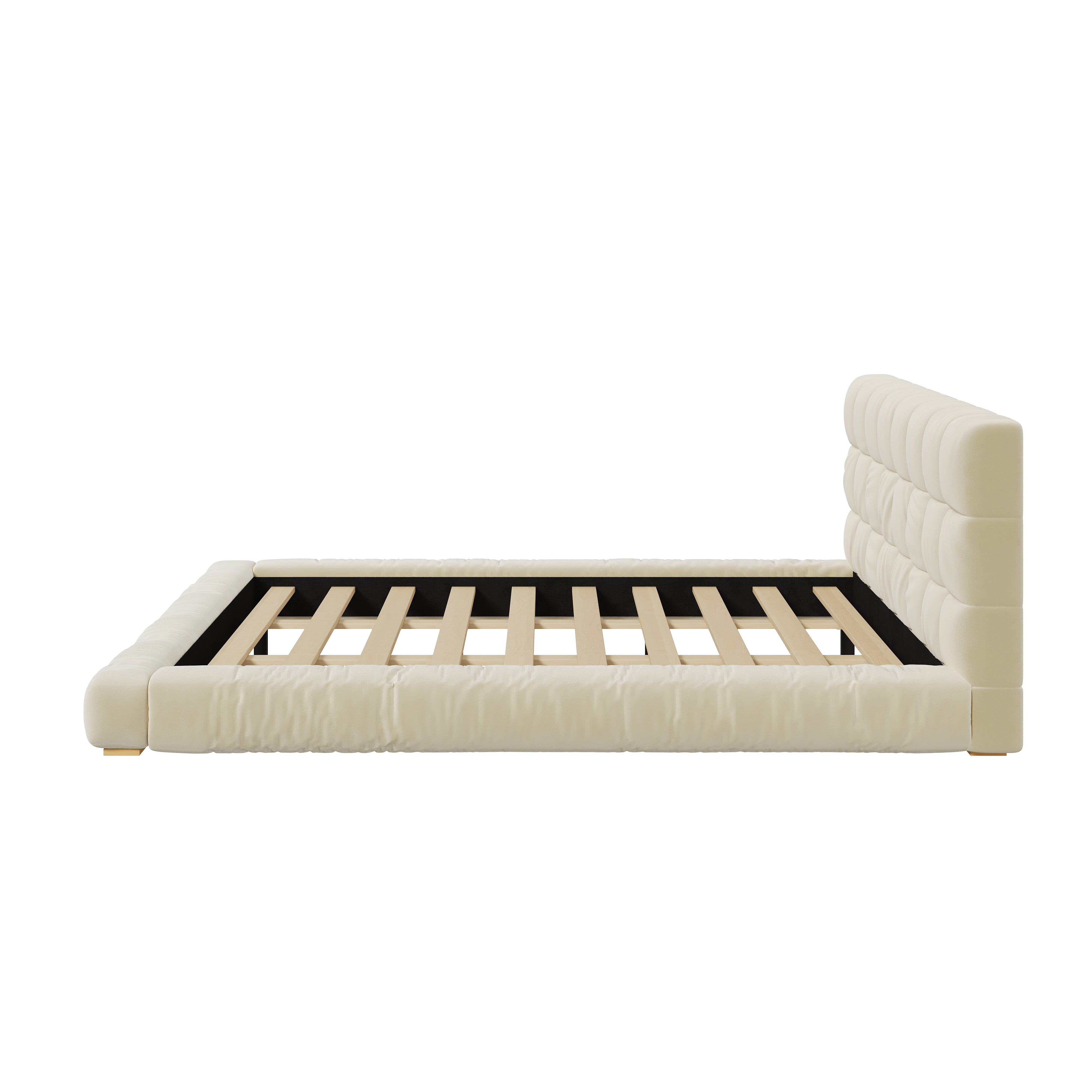 Euroco Velvet Upholstery King Size Platform Bed with Channel Tufted Headboard, Beige
