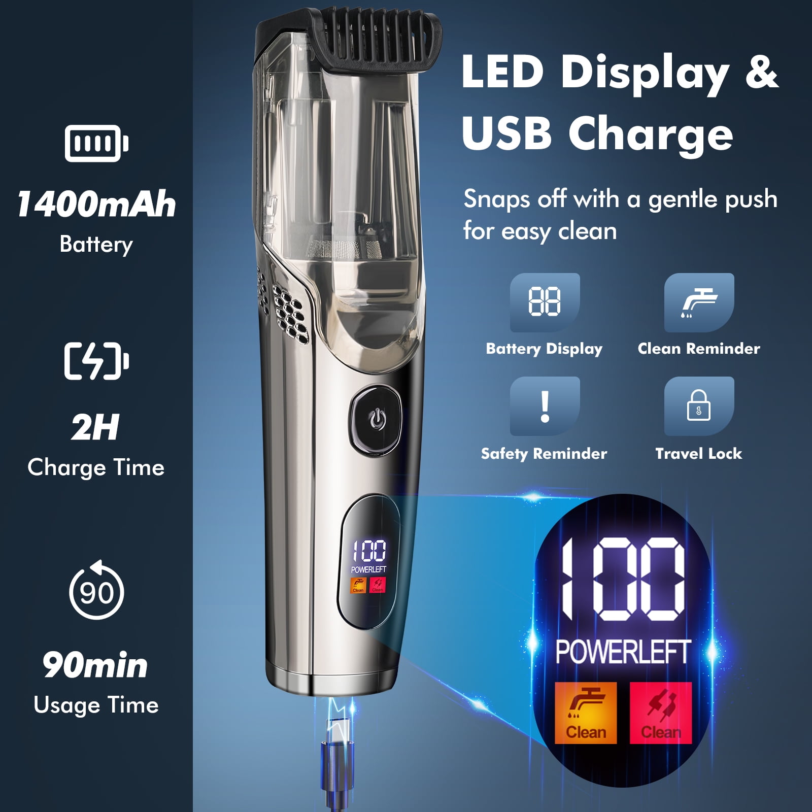 Beard Trimmer For Men, All-in-One Vacuum Mustache Trimmer With Precision Dial,Adjustable 20 Length Setting Premium Facial Hair Groomer, Waterproof Wet/Dry Clipper, Blue