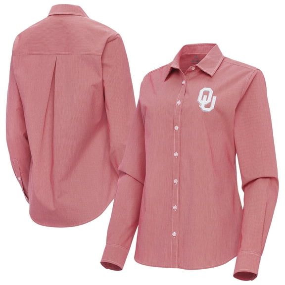 Women's Antigua Crimson Oklahoma Sooners Porter Woven Tri-Blend Long Sleeve Button-Up Shirt