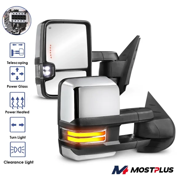 MOSTPLUS Chrome Power Heated Tow Mirrors w/ Dynamic LED Signal for 07-13 Tahoe GMC Yukon