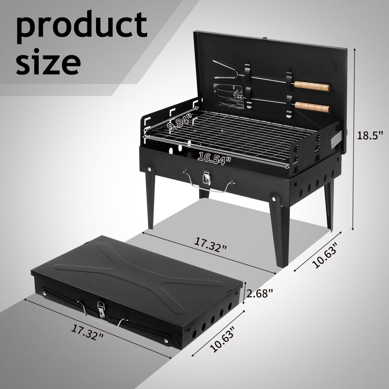 Square Portable Charcoal Grill, Small Folding BBQ Grill, Foldable Camping Grill with Barbecue Accessories & Lid, for Outdoor Cooking Camp Picnic Hiking Beach Party Patio