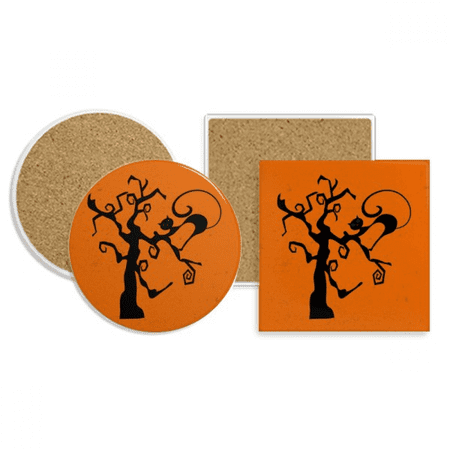 Cat Tree Halloween Hallowmas Orange Coaster Cup Mug Holder Absorbent Stone Cork Base Set