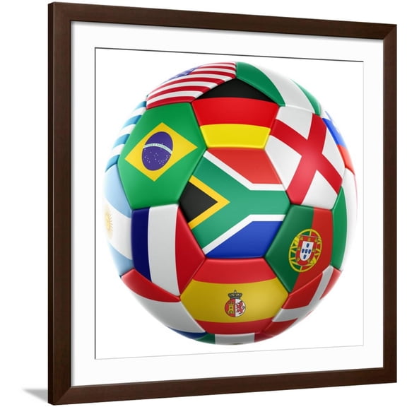 Art.com 3D Rendering Of A Soccer Ball With Flags Of The Participating Countries In World Cup 2010 Art Print by zentilia, Brown Frame Wall Art, 38" x 38"
