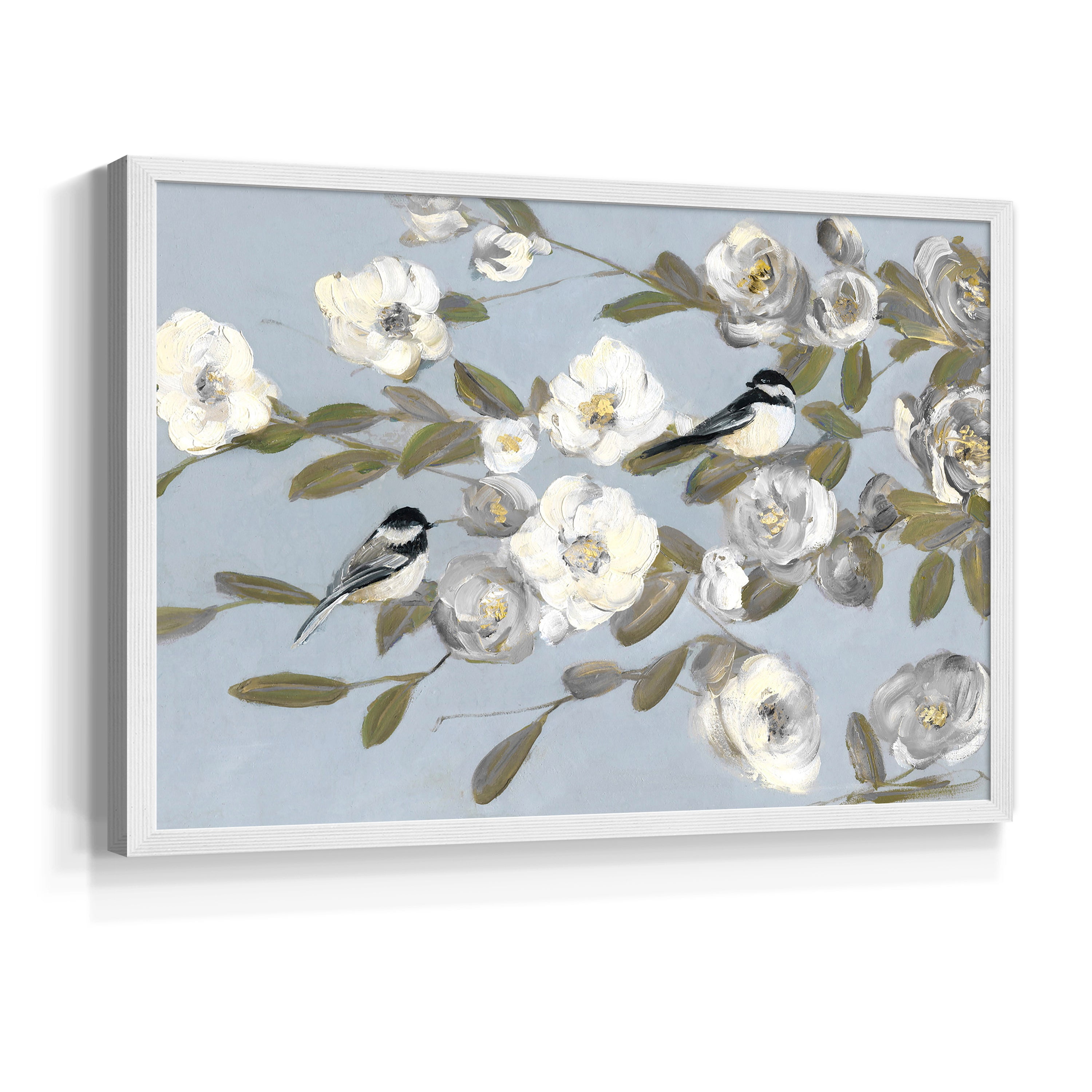Chickadees and Blossoms I by Sally Swatland - Restickable Framed Giclée Print
