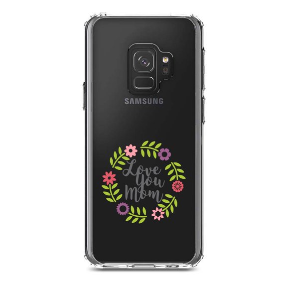 DistinctInk Clear Shockproof Hybrid Case for Samsung Galaxy S9 (5.8" Screen) - TPU Bumper Acrylic Back Tempered Glass Screen Protector - Love You Mom - Floral Border