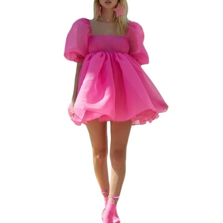 Juaugusep Womens Puff Sleeve Square Neck Puffy Dress Babydoll Mesh Mini Dress High Rise Flare Dress