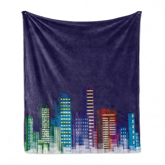 Cartoon Soft Flannel Fleece Throw Blanket, Print of City Scenery Landscape of Apartments and Buildings Artwork Print, Cozy Plush for Indoor and Outdoor Use, 60" x 80", Multicolor, by Ambesonne