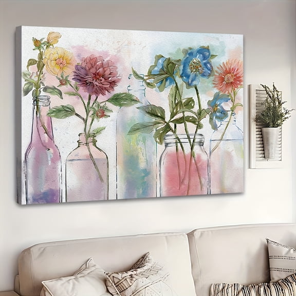 2D Flat 1pc Wooden Framed Extra Large Canvas Wall Art, Vintage Bottle Collection On Canvas Print, Fresh Style Flower Canvas, Wrapped Canvas,