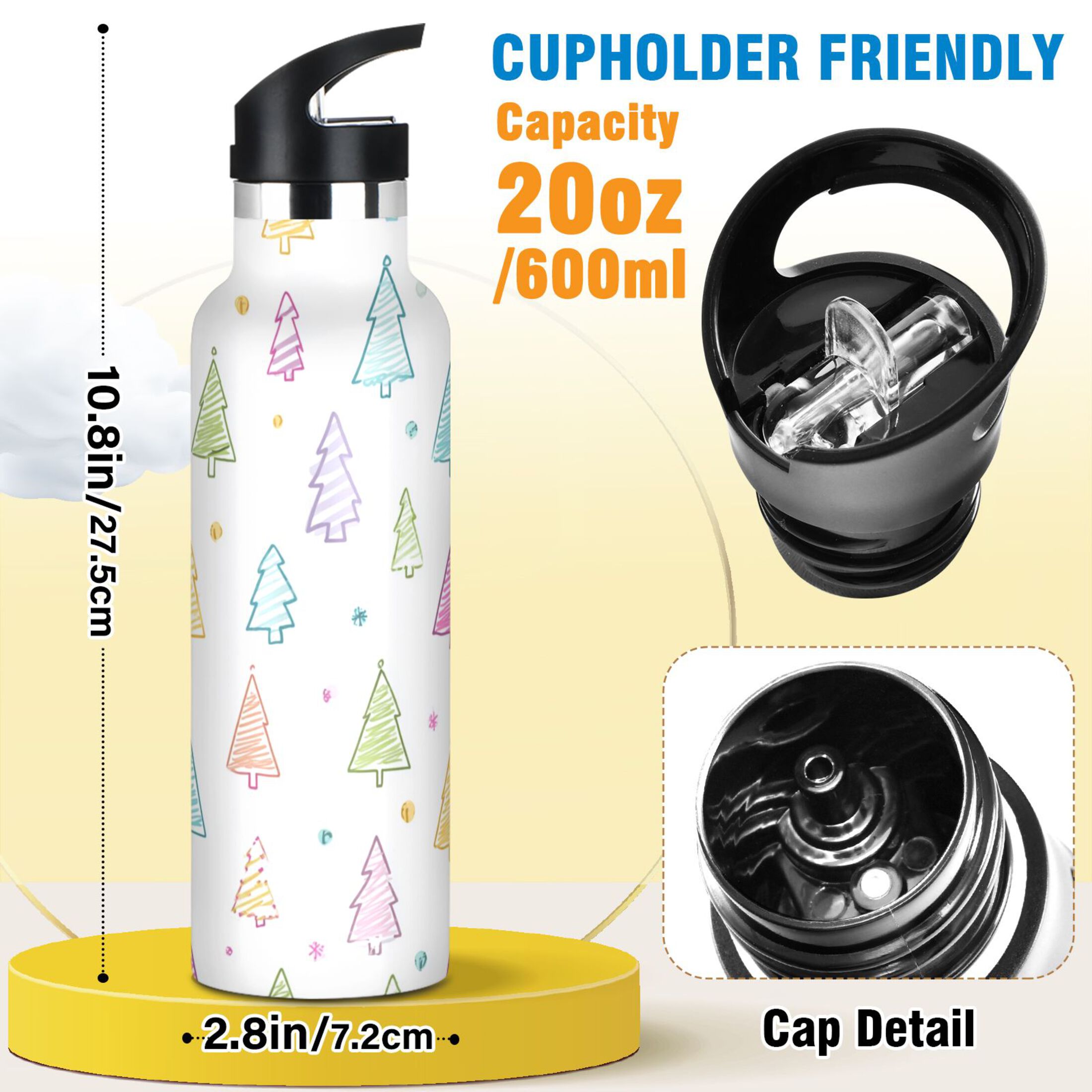 600ML Stainless Steel Insulated Cup Sports Water Bottle Portable Thermos Cup Water Glasses Insulated Tumblers Convenient and Durable Beautiful Christmas Tree Cute