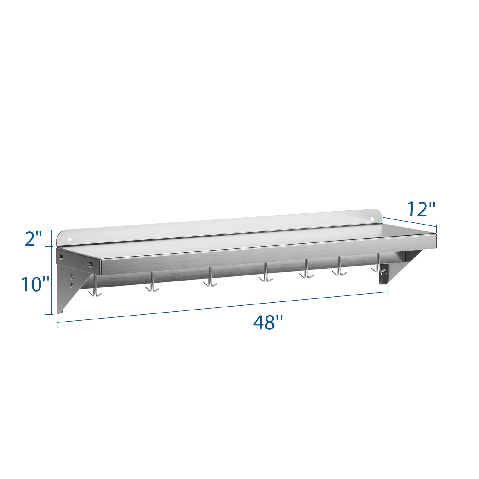 GARVEE 1-Tier Stainless Steel Wall Mount Shelf, 48" x 12" x 9.84", with 7 Hooks, 200 lb Capacity
