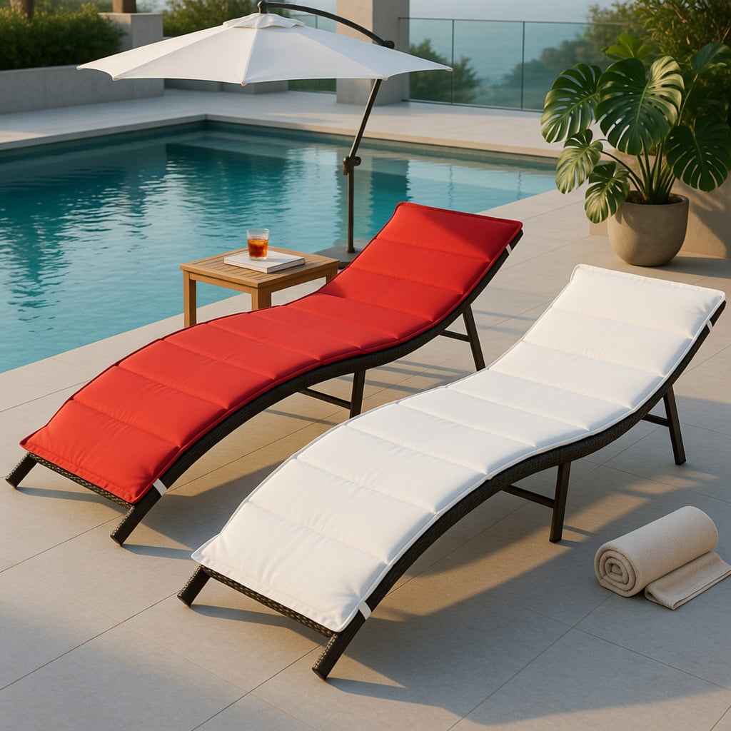 Hommoo 2-Pack Foldable Outdoor Chaise Lounge Chairs with Cushions, PE Rattan & Steel Frame, Poolside Patio Beach Loungers, Red