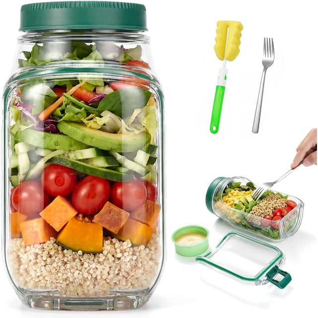 Salad Pod Jar Side Open, Recipiente para Ensaladas Original, La Cápsula de Ensalada con Tazón y Tapa Antigoteo para Aderezos, con Tenedor y Cepillo, Apto para Trabajo, Al Aire Libre y Viajes