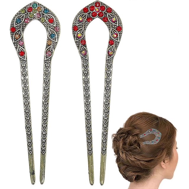 2 Pcs Crday Vintage Hair Stick, Crystal Rhinestone Double Prong Hair Pin Stick