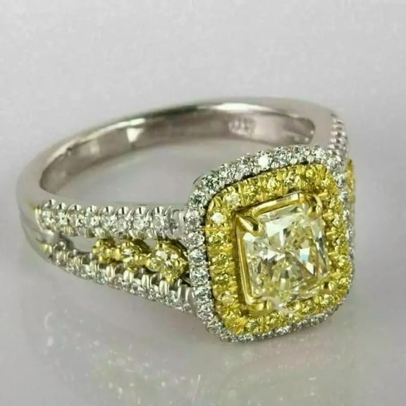2.75Ct Radiant Cut Lab-Created Canary Diamond Halo Engagement Ring 925 Silver