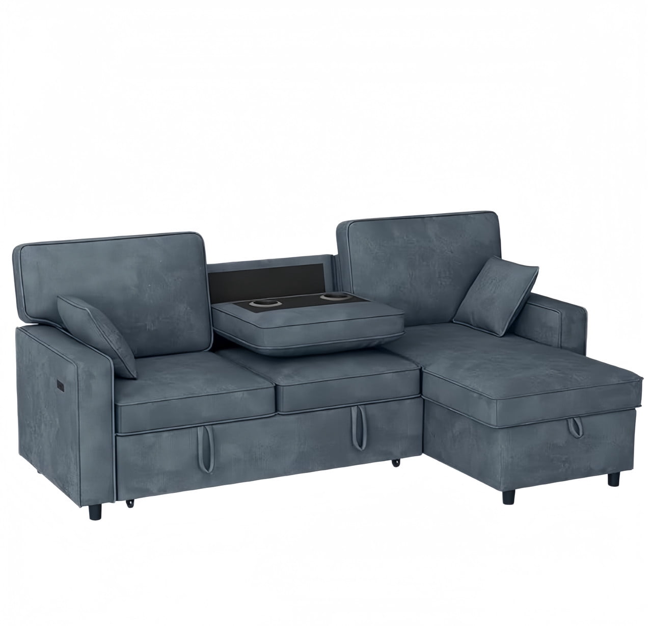 89" L-Shaped Sectional Sleeper Sofa, 3-Seater Pull-Out Couch with Flip-Down Center Console, Cup Holders, Charging Ports & Storage, Chenille Convertible Sofa Bed for Living Room, Apartment & Office