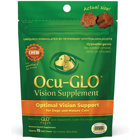 UPC: 0853568002425 | Ocu-GLO Vision Supplement for Dogs & Mature Cats by Animal Necessity with Lutein Omega-3 Fatty Acids Grape Seed Extract and Antioxidants to Promote Eye Health in Dogs & Cats 15 Soft Chews
