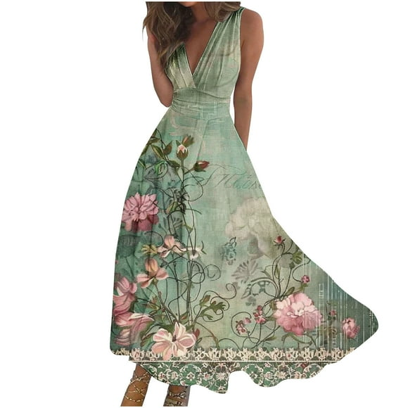 RKSTN Wedding Guest Dresses for Women Fashion Casual Loose Plus Size Swing Summer Dresses Casual Boho Floral Printed Sleeveless V-Neck Wrapped Chest Cocktail Dresses