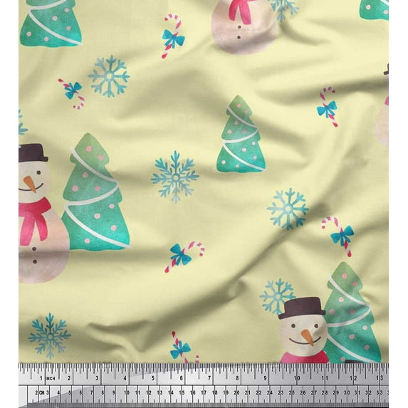 Soimoi Yellow Rayon Crepe Fabric Snowman & Tree Christmas Print Fabric by the Yard 46 Inch Wide