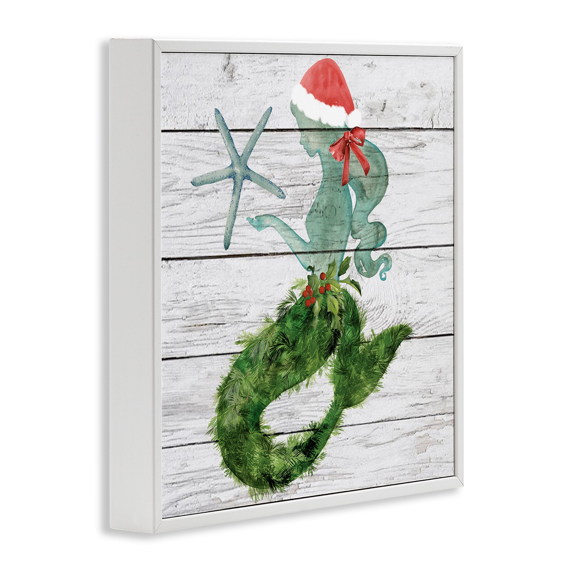 Stupell Industries Christmas Mermaid & Winter Holly Nature Painting White Framed Art Print Wall Art, 24 x 24