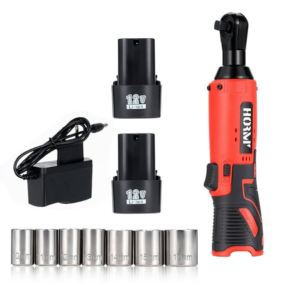 TJT 12V Electric Cordless Ratchet 3/8" Right Angle Wrench Impact Power Tool with 2Pcs 2Ah Battery