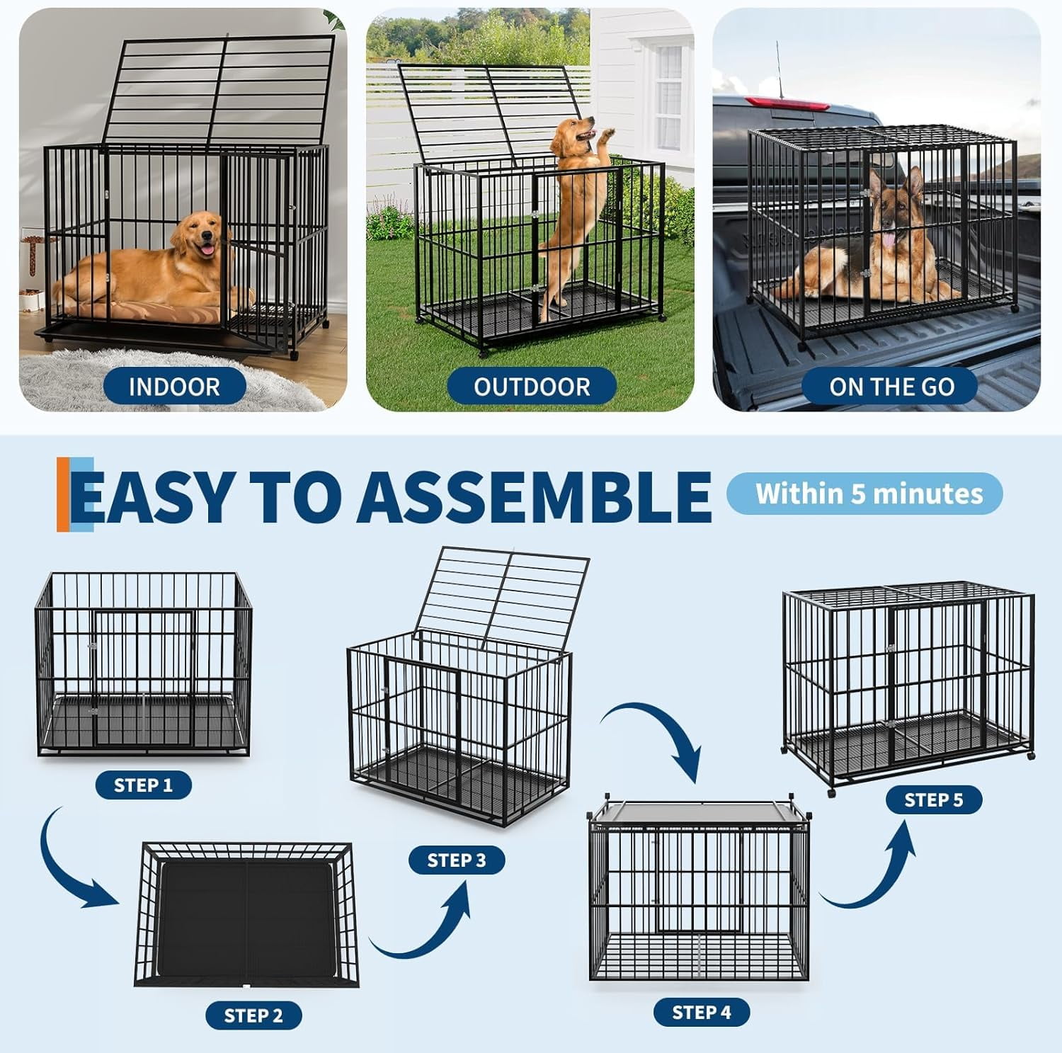 Historyli Indestructible Stainless Steel Dog Crate-48 Inch for Large Breeds-Escape-Proof,Chew-Resistant Kennel,Locking Wheels,Removable Tray,Collapsible,Indoor/Outdoor,Easy Clean