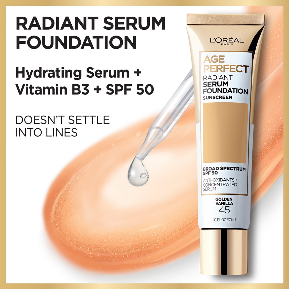 L'Oreal Paris Age Perfect Radiant Serum Foundation Makeup, 75 Golden Honey, 1 fl oz