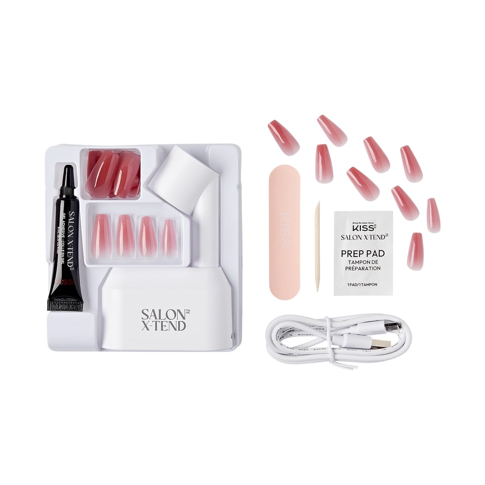 Kiss Salon X-tend LED Gel Nail Kit, 'Tone', Pink, Long Coffin, 30 Press On Nails