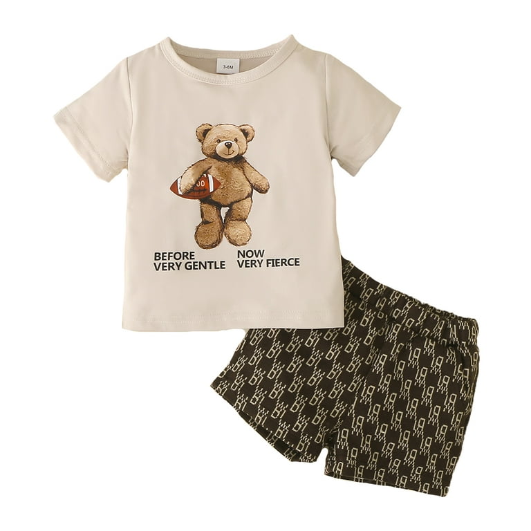 KIMI BEAR Infant Boys Outfits 18 Months Infant Boy Spring Summer Outfits 24  Months Infant Boy Cozy Bear Prints Short Sleeve Tops+ Shorts 2PCS Set Khaki  
