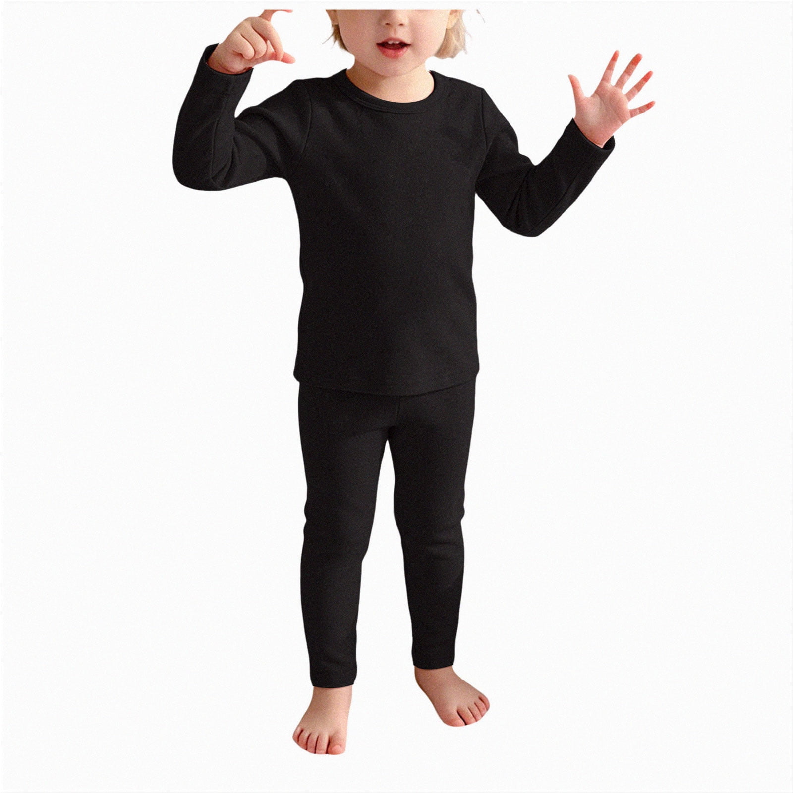 Enyan Kids Thermal Underwear Set Long Thermal Underwear Fleece Lined Base Layer Set for Girls Boys Black 5-6 Years