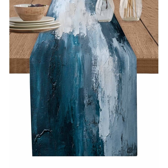 Ldtrchee Blue Teal Table Runner 60 Inches, Modern Oil Painting Vintage Abstract Bed Runner Dresser Scarves Tabletop for Indoor Outdoor Parties/Ceremony/Banquet, 13" x 60"