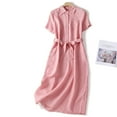 thumbnail image 3 of Enjoytime Women Fashion Short Sleeve Dress 2025 Summer Solid Color Casual Shirt Dress With Pockets Beach Women's Retro Cotton And Linen Dresses Beach Outfits, 3 of 4