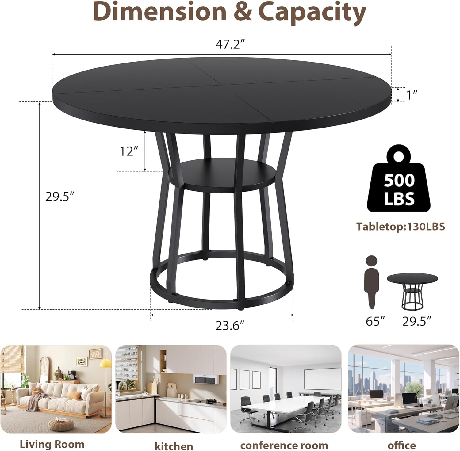 47.2" Round Dining Table for 4-6, Farmhouse Kitchen Table with Storage Shelf, Modern Wood and Metal Circle Table for Dining Room, Black