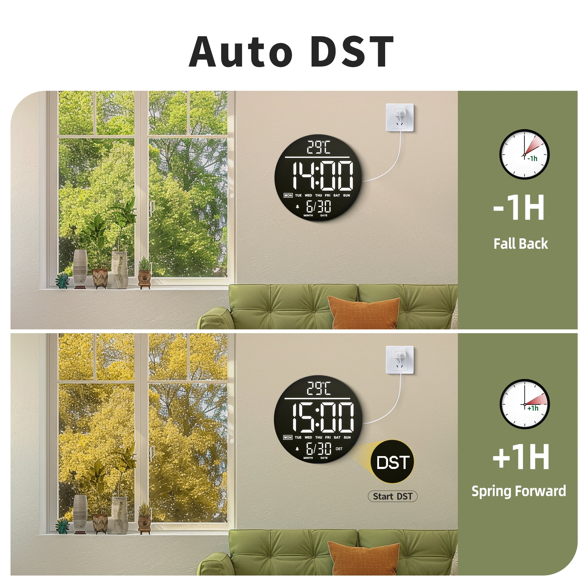 LEIKE 10" Large Digital Wall Clock with Seconds - Big LED Display RGB Color - Auto DST, Temperature & Countdown Timer - Electric Wall Mounted Digital Clock for Bedroom, Living Room, Office, Gym