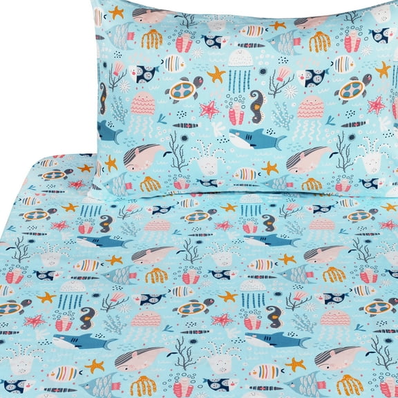 J pinno Underwater Animals Sea Fishes Turtle Shark Dolphin Twin Sheet Set for Kids Girls Boys 100 Cotton Flat Sheet Fitted Sheet Pillowcase Bedding Set