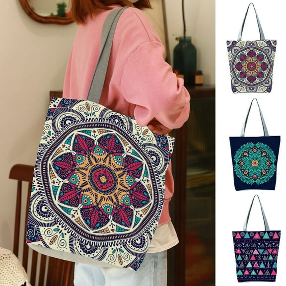 shenmeida Bohemia Print Large Beach Travel Reusable Top-Handle Bag Zipper Shopping Tote Bag Portable Storage