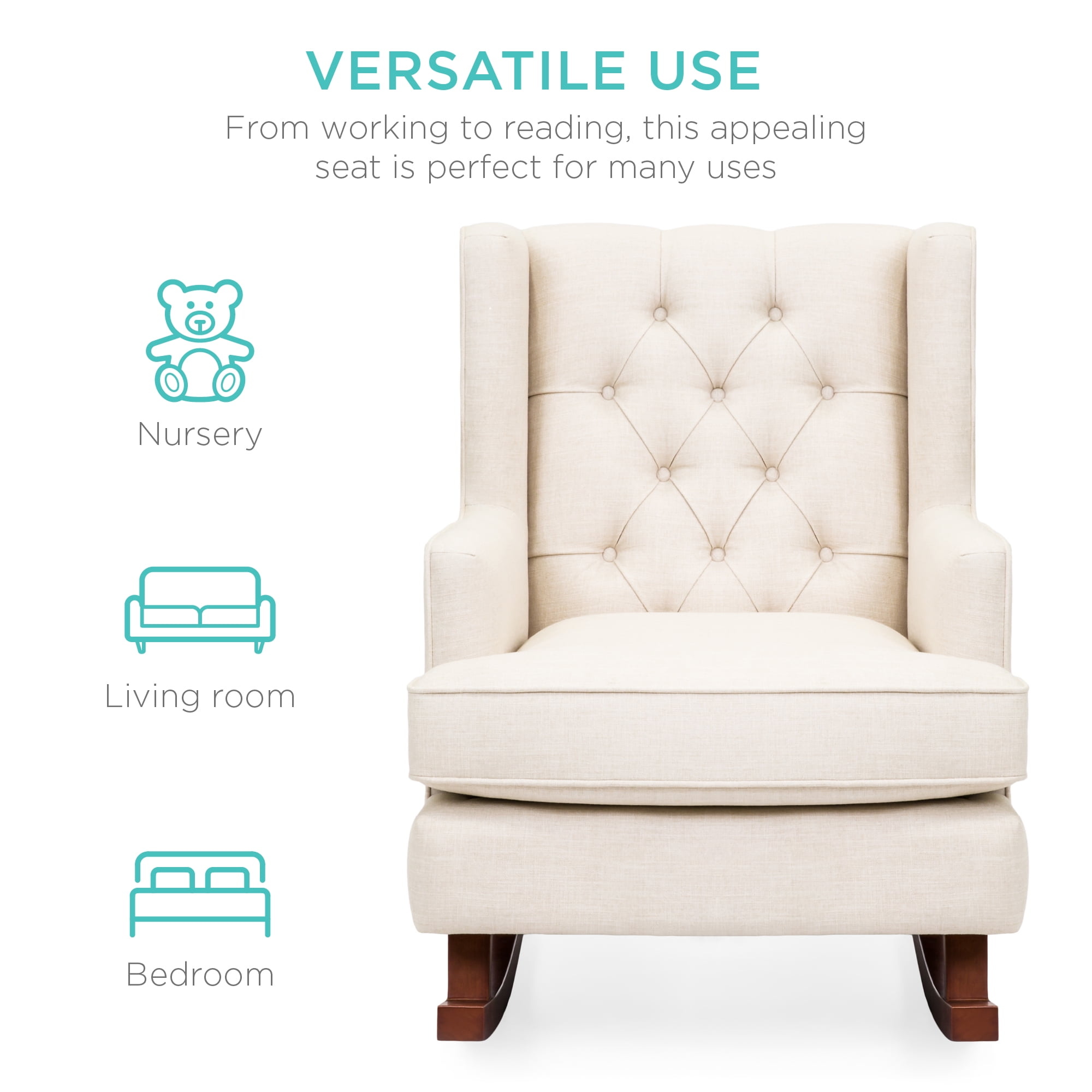 Best Choice Products Rocking Accent Chair, Tufted Upholstered Linen Wingback for Home, Nursery w/ Wood Frame - Beige