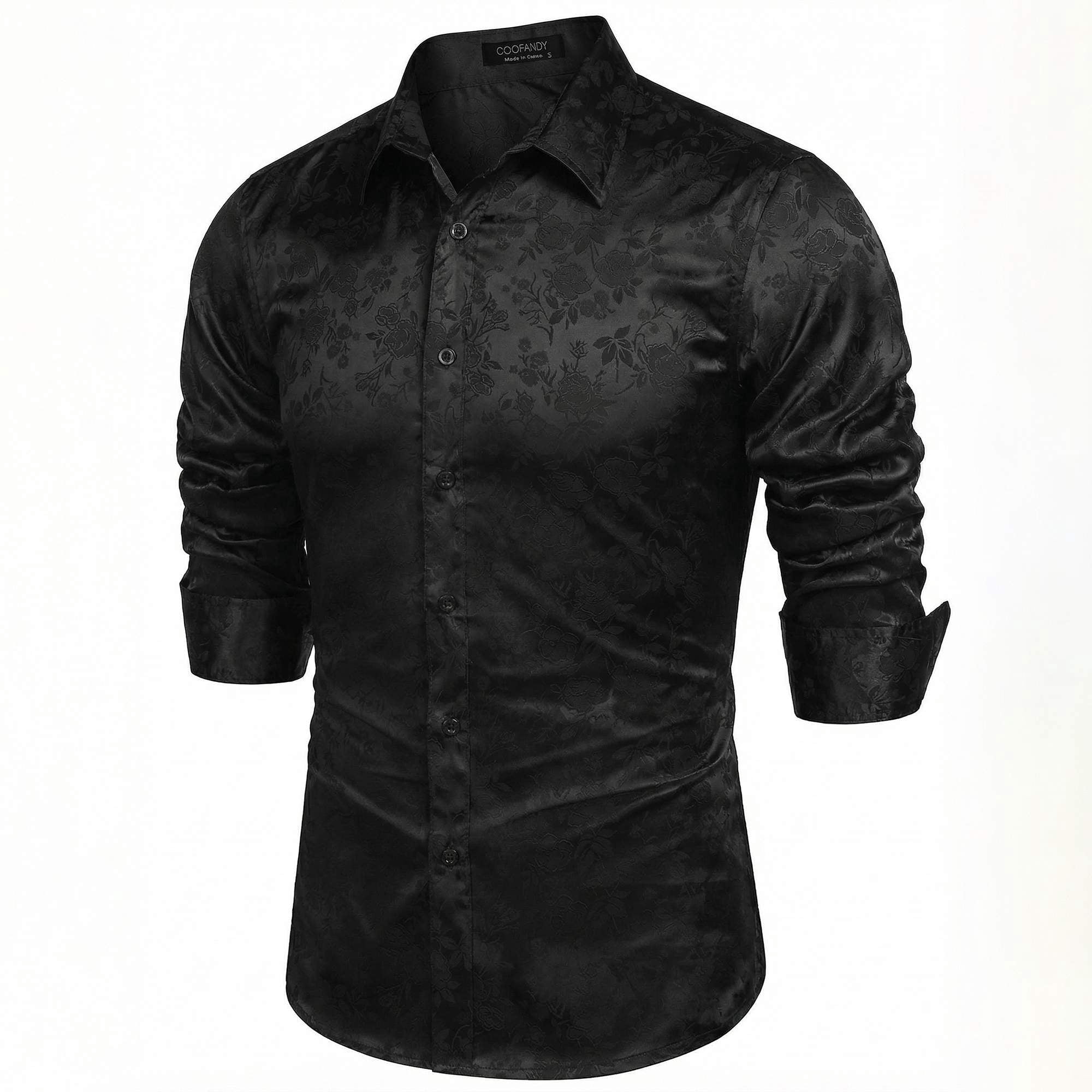 COOFANDY Mens Floral Rose Printed Long Sleeve Dress Shirts Prom Wedding Party Button Down Shirts,Black Small