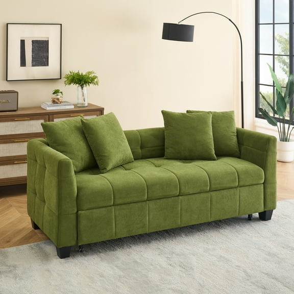 77.9" Green Flannel 3-in-1 Folding Sofa Bed - Convertible 3-Seater Couch to Bed with Pull-Out Function for Living Room & Bedroom