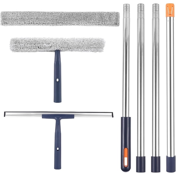Squeegee for Window/Floor Cleaning Combination,12" Squeegee and 16" Squeegee Microfiber Scrubber with Stainless Steel Pole,Extendable Window Cleaner for Car,Sliding Door,Shower Glass