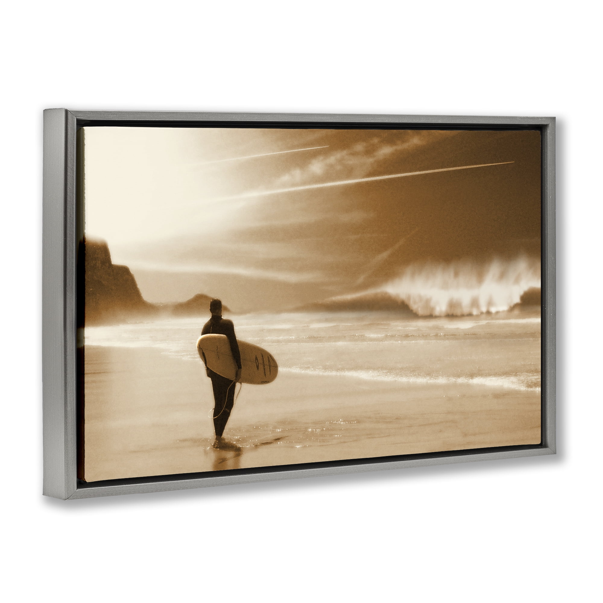 Stupell Industries Out Of The Sun Surfer Coastal Photography Gray Floater Framed Canvas Art Print Wall Art, 25 x 17