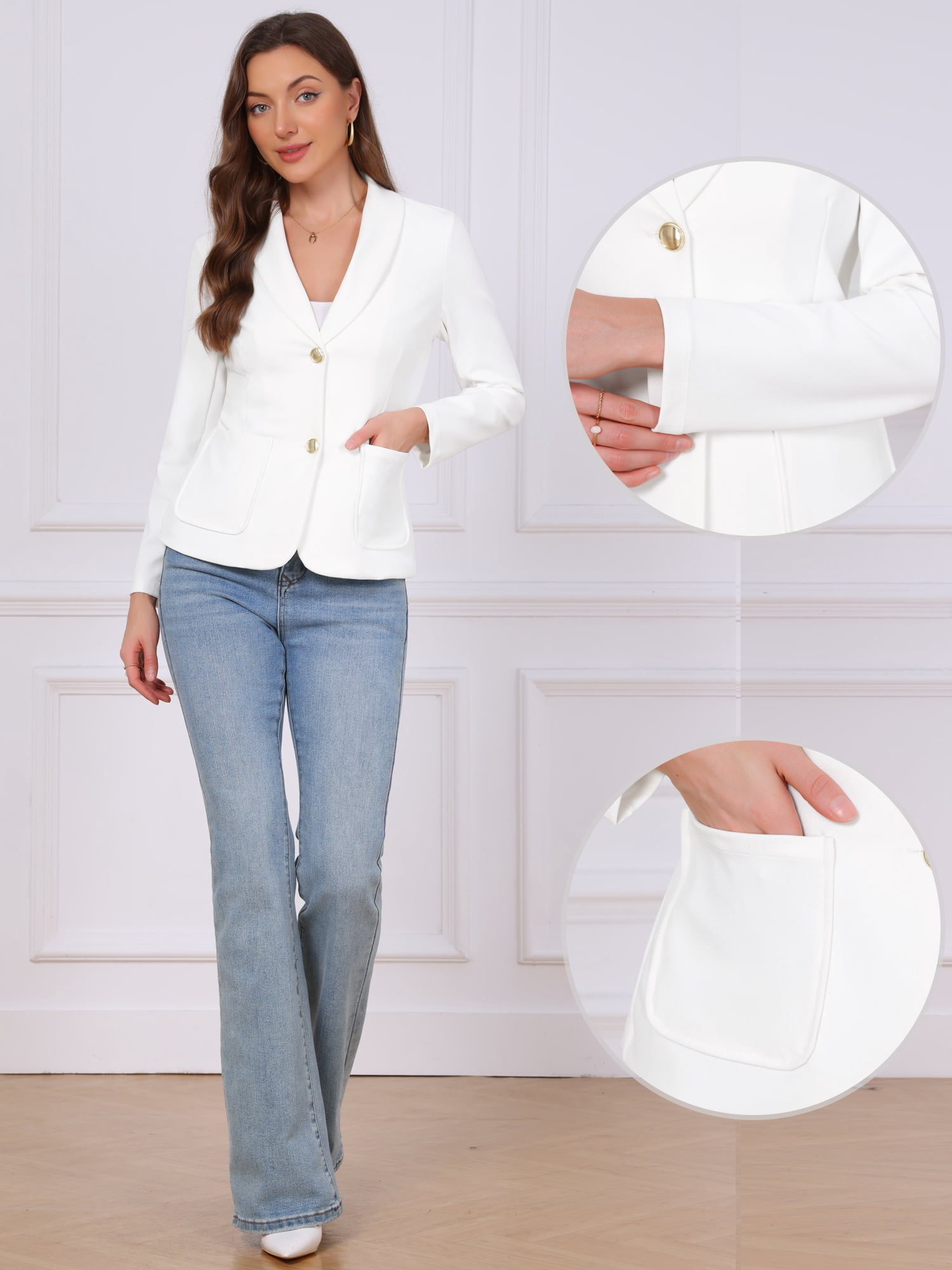 DARING DIVA Women's Blazers Shawl Lapel Long Sleeve Work Office Jackets L White